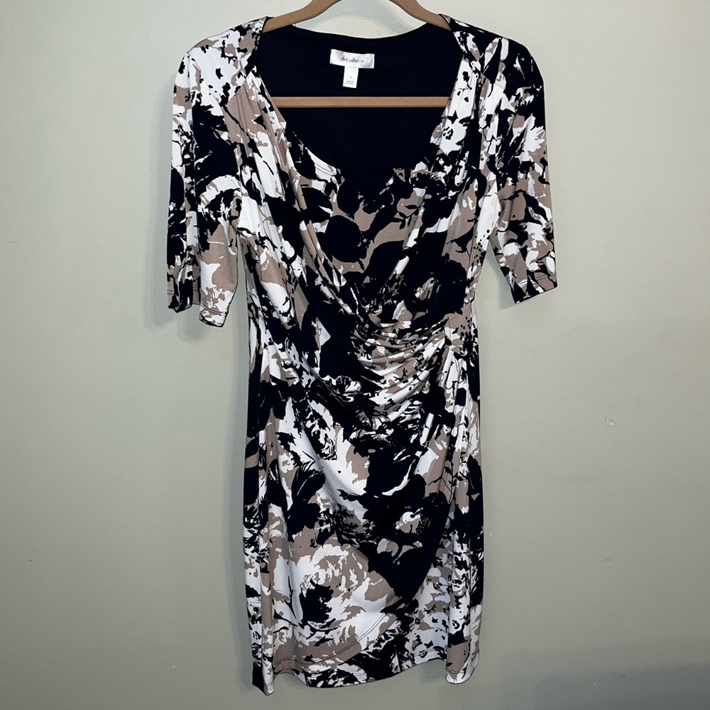 Dressbarn Navy Tan Floral Faux Wrap Dress/Size 4